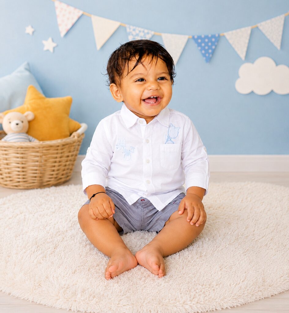 Camicia bianca con disegno di occhiali azzurri, realizzata in cotone riciclato. Un tocco divertente e sostenibile per il guardaroba dei più piccoli, Made in Italy.