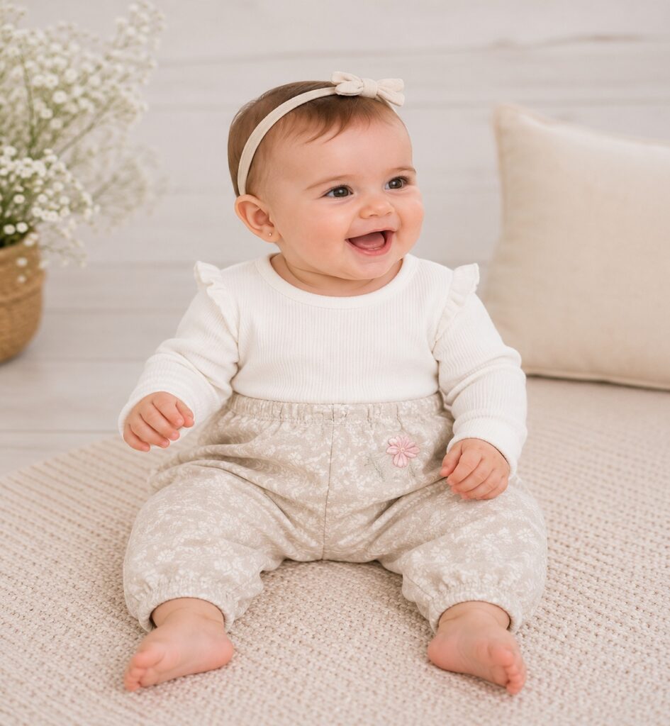 Pantaloni beige a rombi in cotone riciclato, decorati con fiorellini dipinti a mano. Originali, sostenibili e delicati sulla pelle dei più piccoli.