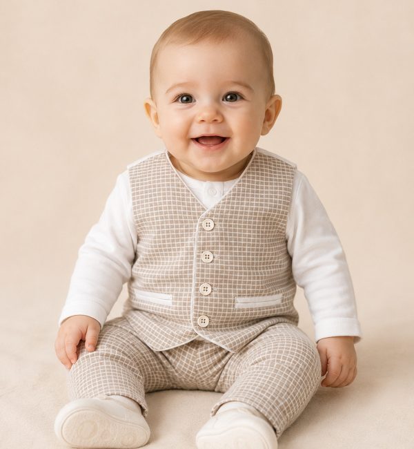 Gilet beige a quadrattini con retro bianco in cotone riciclato leggero: comfort e stile eco-friendly per bambini.